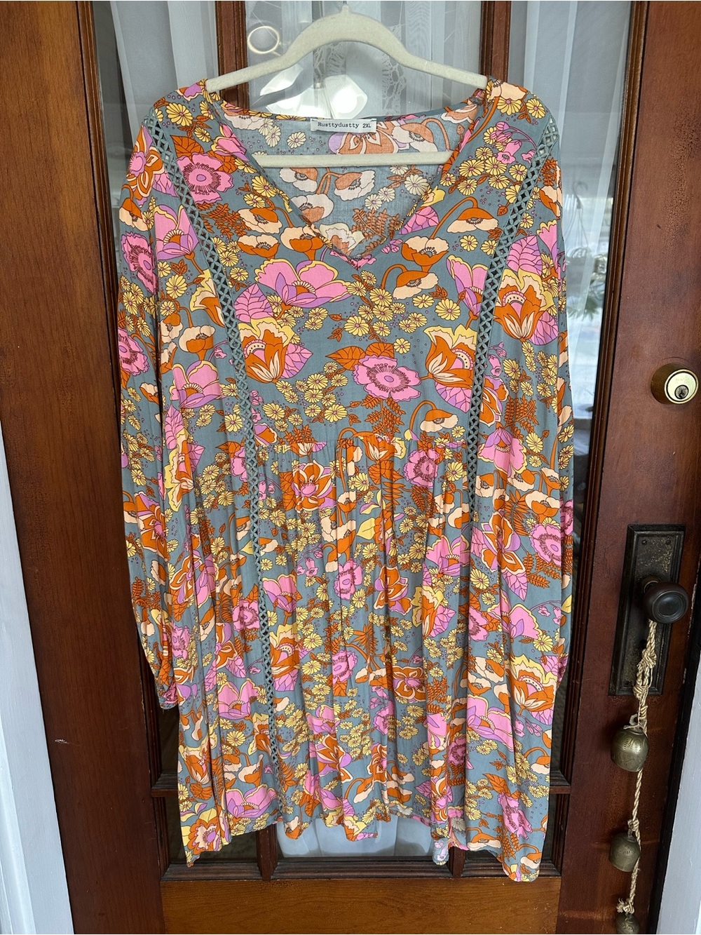Boho Floral V-Neck Swing Dress in Blue, Pink & Orange